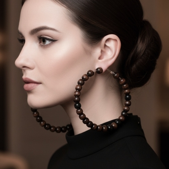 Handmade Jewelry - Large, lightweight wooden hoop earrings with brown and black wooden beads. 8 cm